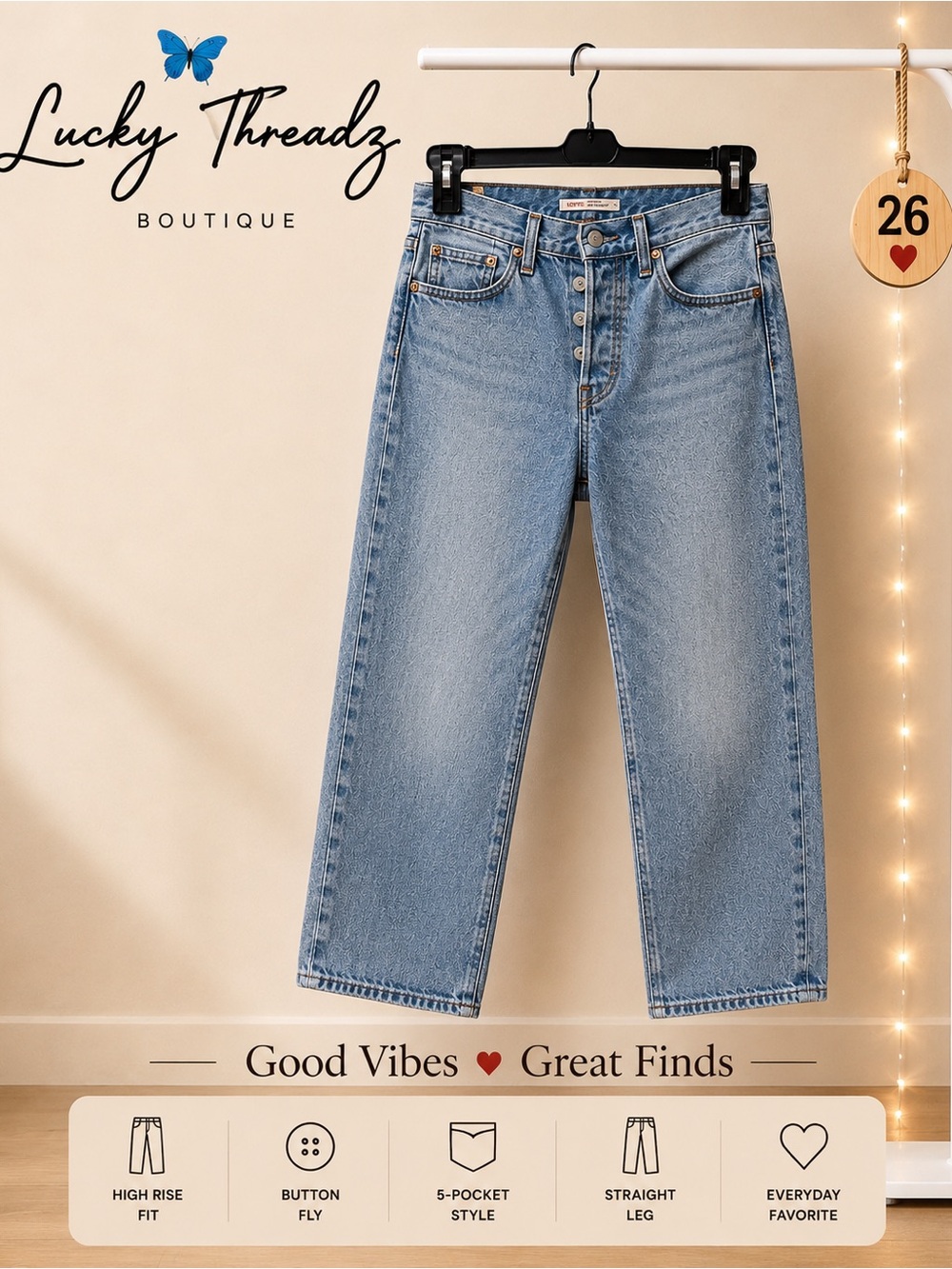 Levi’s Wedgie Straight Jeans Women’s 26x26 High Rise Blue Denim 100% Cotton